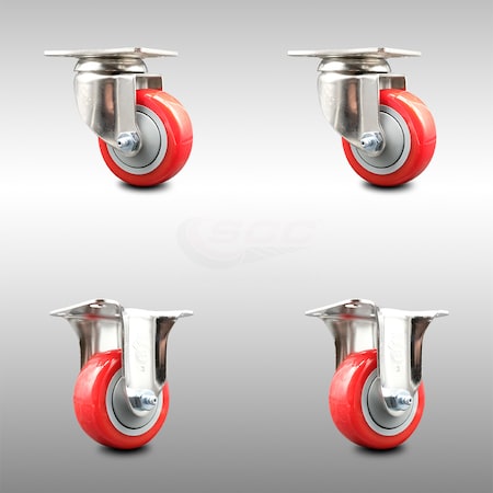 Service Caster 3.5 Inch 316SS Red Polyurethane Wheel Swivel Top Plate Caster Rigid SCC, 2PK SCC-SS31620S3514-PPUB-RED-2-R-2